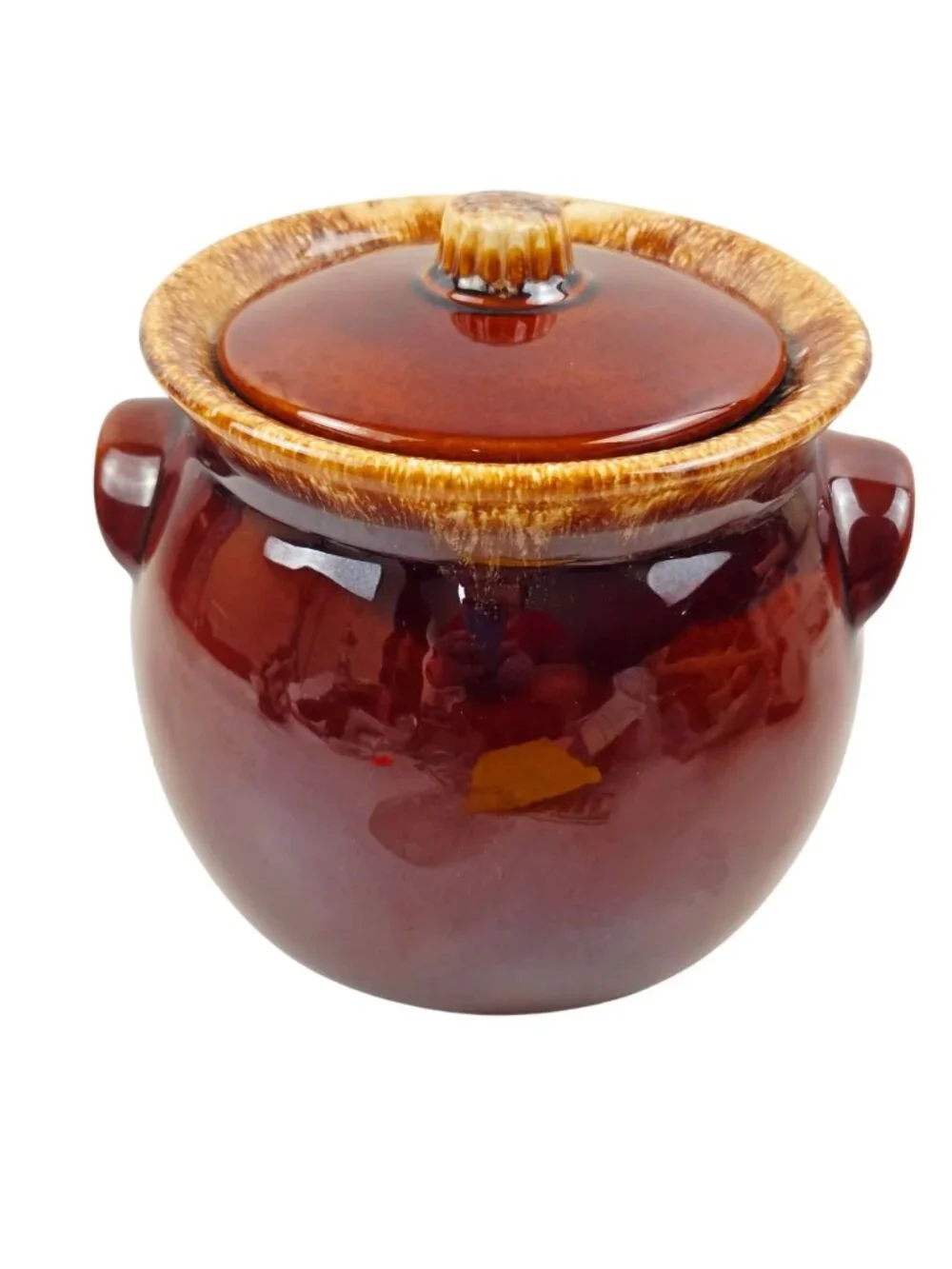 Hull Pottery Bean Pot Brown Drip Glaze Glossy Lid Cookie Jar Oven Proof USA